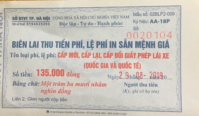 Biên lai thu tiền lệ phí phần in bằng